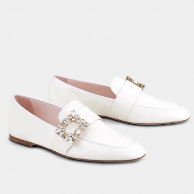 Roger Vivier Mini Broche Buckle Loafers in White Patent Leather TDSS13912