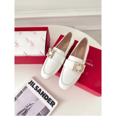 Roger Vivier Mini Broche Buckle Loafers in White Patent Leather TDSS13912