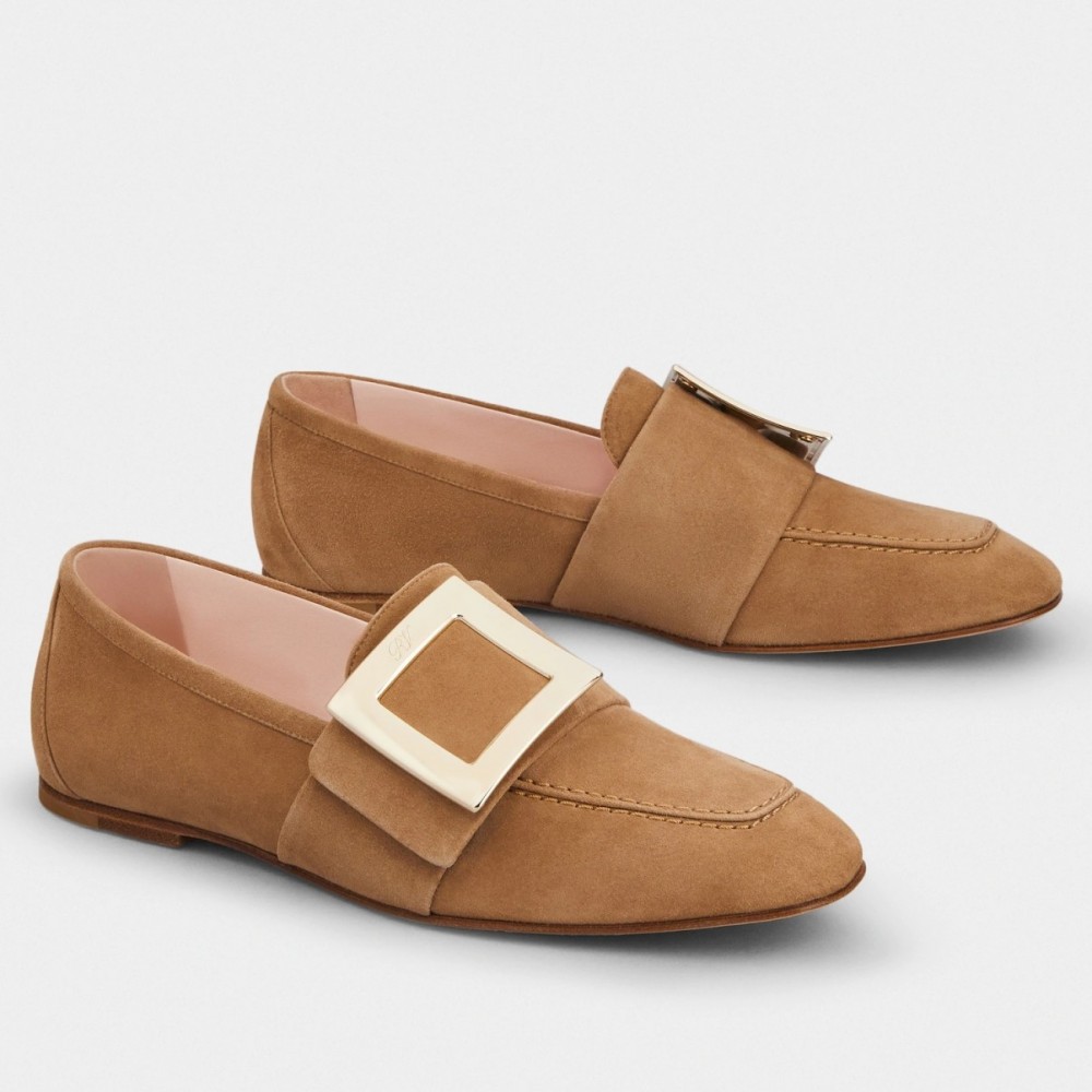 Roger Vivier Soft Metal Buckle Loafers In Brown Suede TDSS13914