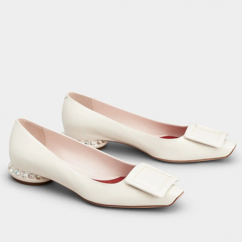 Roger Vivier Strass Heel Covered Buckle Ballerinas In White Patent Leather TDSS13918