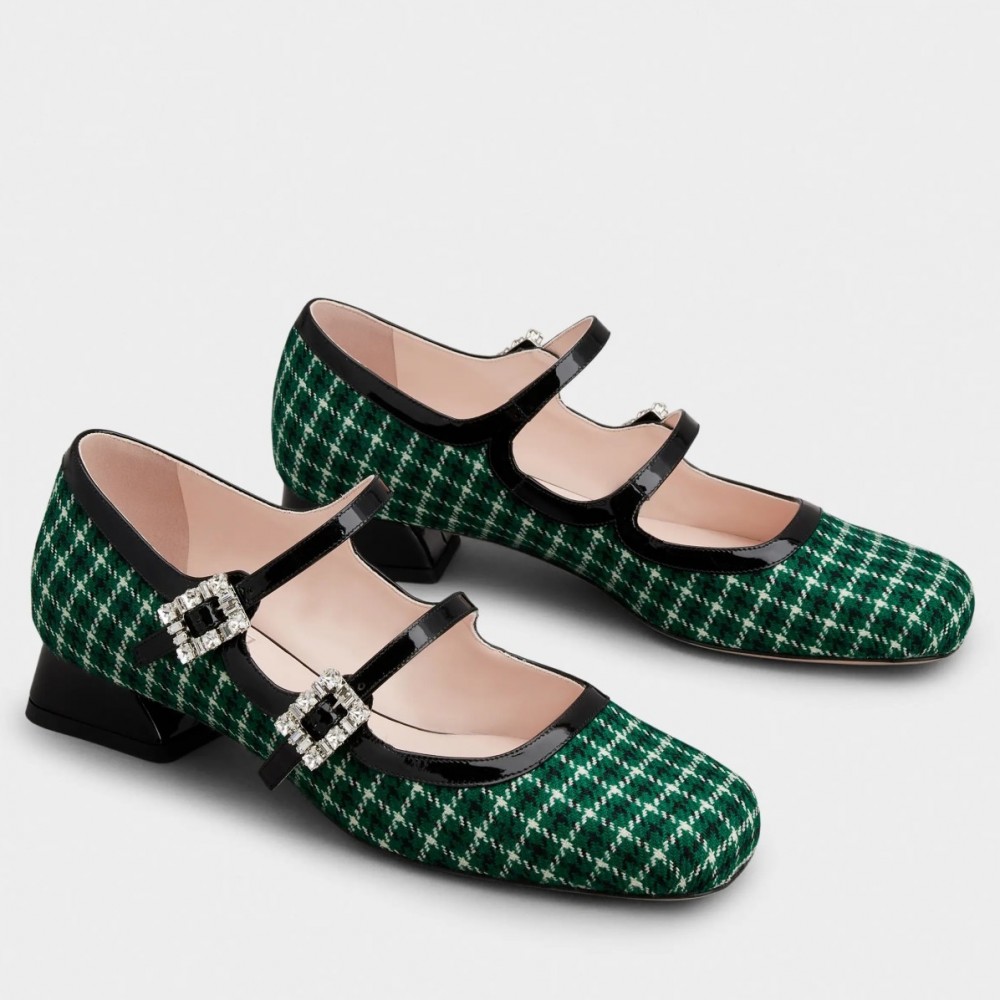 Roger Vivier Tres Vivier Strass Buckle Mini Babies Ballerinas in Green Fabric TDSS13920