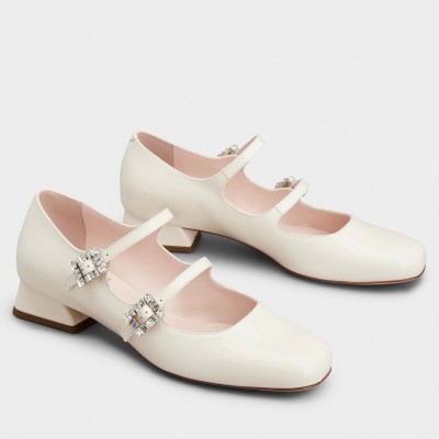 Roger Vivier Tres Vivier Strass Buckle Mini Babies Ballerinas in White Patent Leather TDSS13921