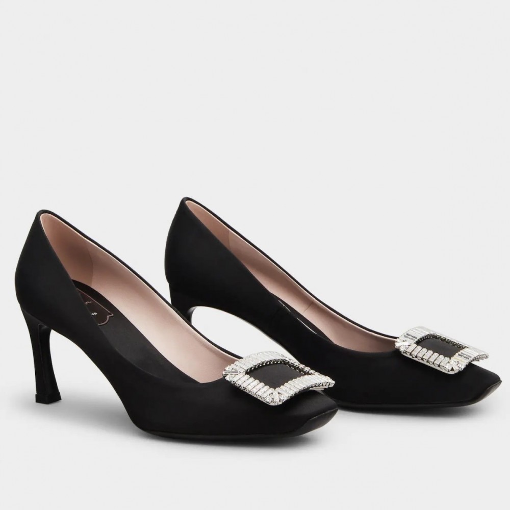 Roger Vivier Trompette Crystal Buckle Pumps in Black Satin TDSS13924