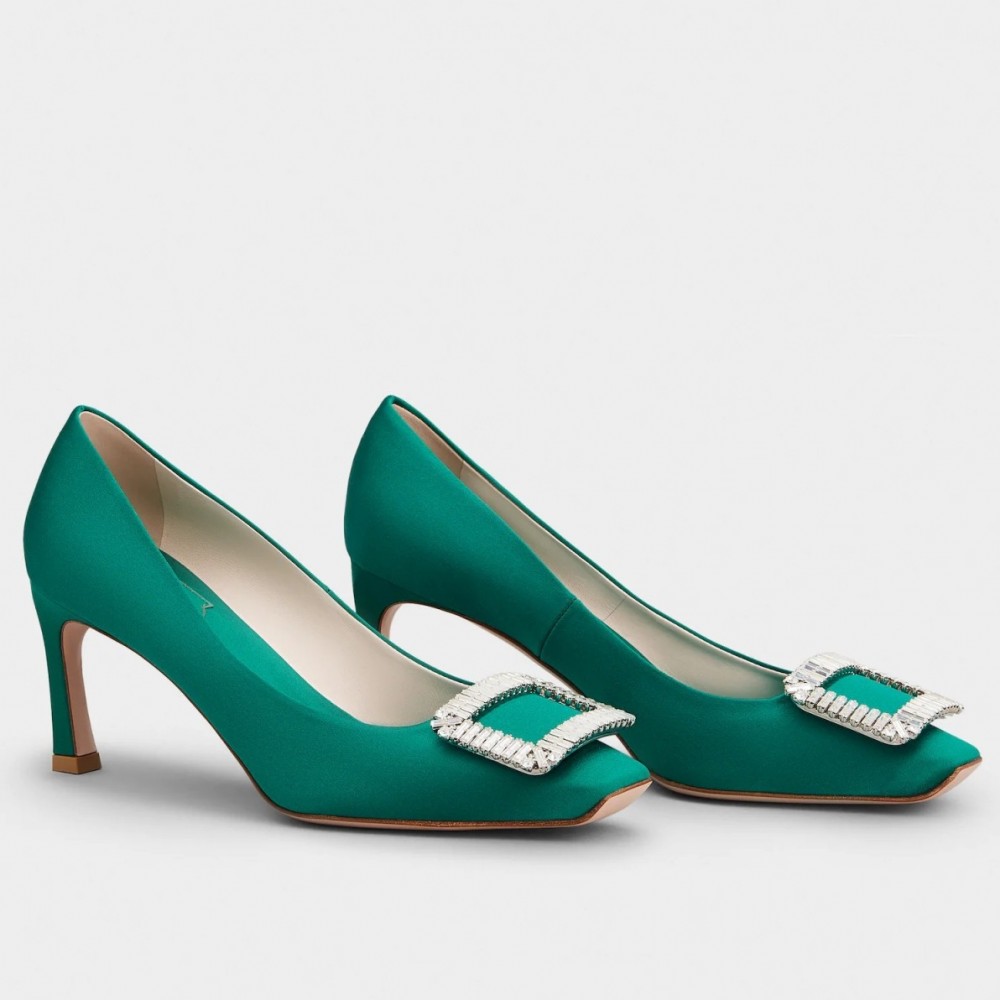 Roger Vivier Trompette Crystal Buckle Pumps in Green Satin TDSS13926