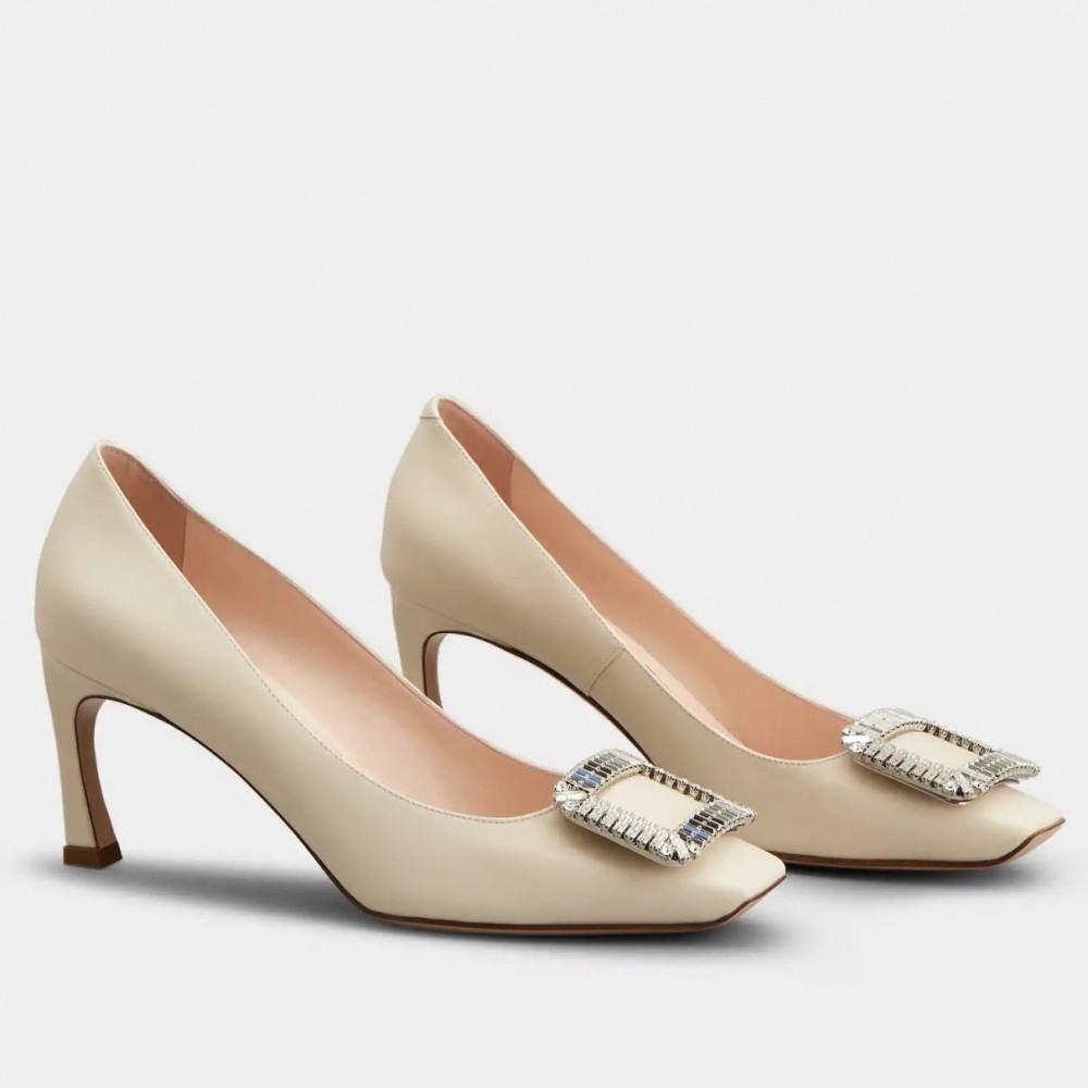 Roger Vivier Trompette Crystal Buckle Pumps in Off White Leather TDSS13927