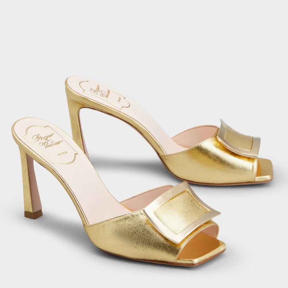 Roger Vivier Trompette Metal Buckle Mules in Gold Metallic Leather TDSS13929