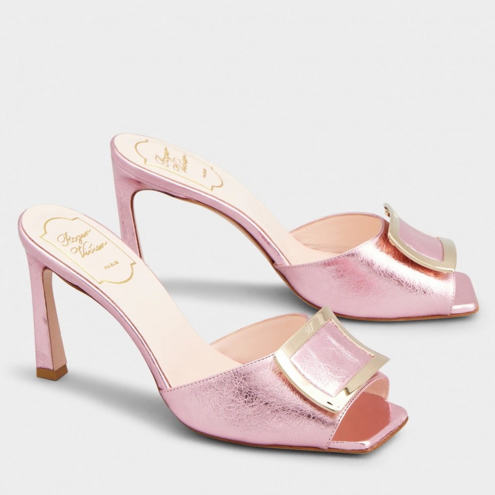 Roger Vivier Trompette Metal Buckle Mules in Pink Metallic Leather TDSS13930