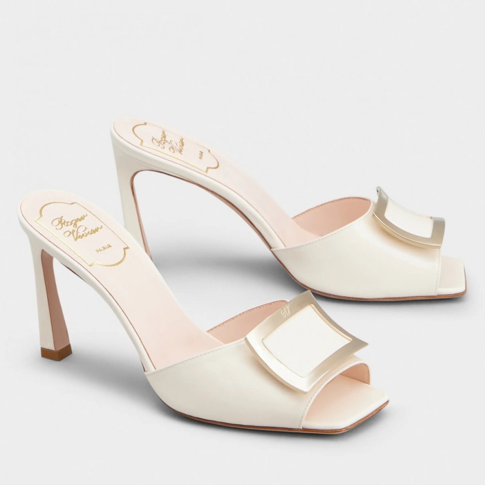 Roger Vivier Trompette Metal Buckle Mules in White Patent Leather TDSS13932