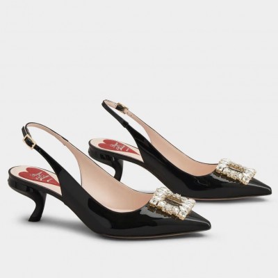 Roger Vivier Virgule Strass Buckle Slingback Pumps in Black Patent Leather TDSS13933