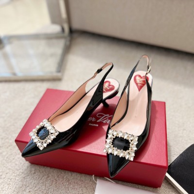 Roger Vivier Virgule Strass Buckle Slingback Pumps in Black Patent Leather TDSS13933