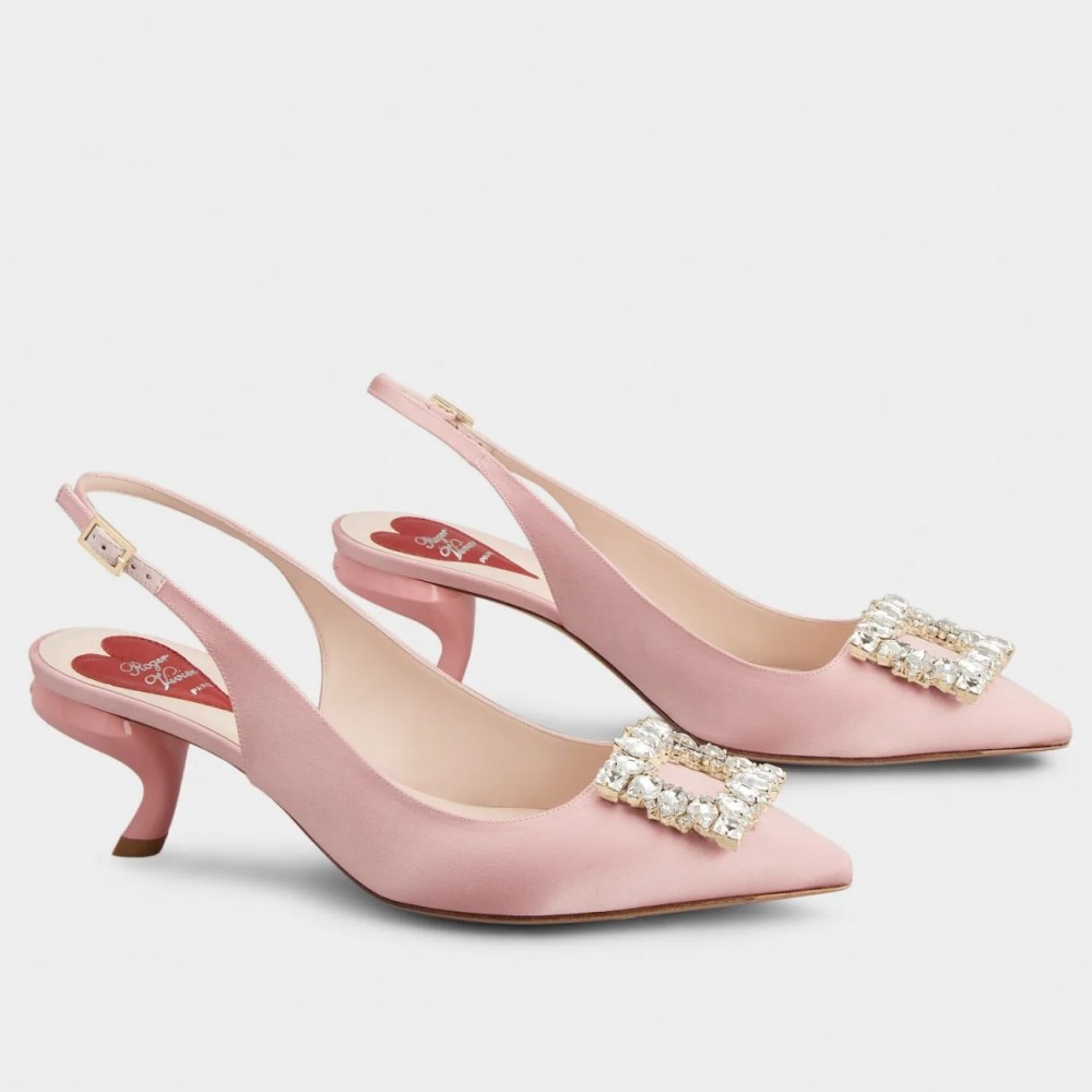 Roger Vivier Virgule Strass Buckle Slingback Pumps in Pink Satin TDSS13934