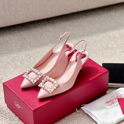 Roger Vivier Virgule Strass Buckle Slingback Pumps in Pink Satin TDSS13934