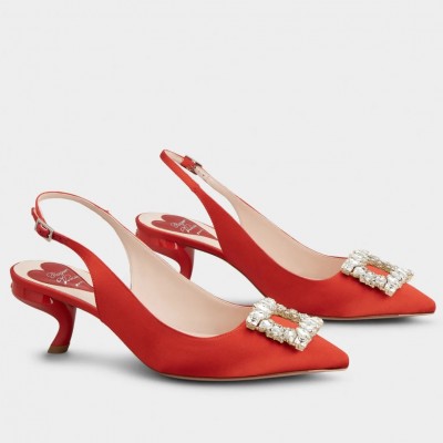 Roger Vivier Virgule Strass Buckle Slingback Pumps in Red Satin TDSS13935