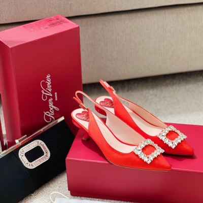 Roger Vivier Virgule Strass Buckle Slingback Pumps in Red Satin TDSS13935