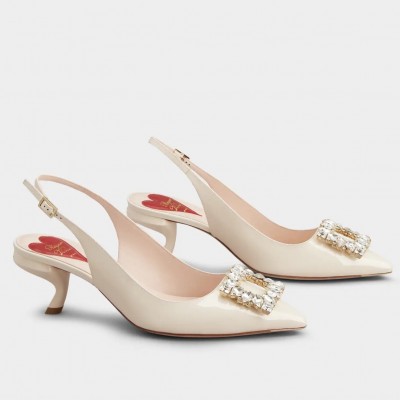 Roger Vivier Virgule Strass Buckle Slingback Pumps in White Patent Leather TDSS13937