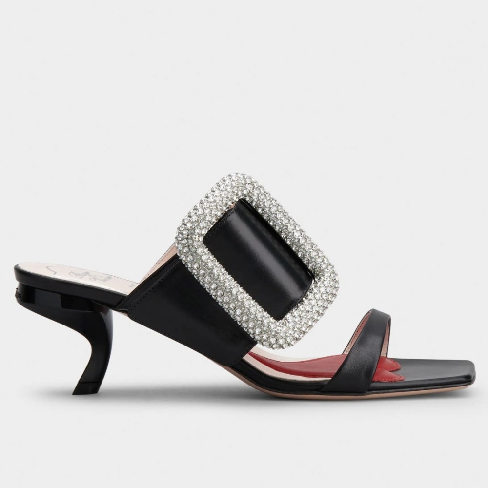 Roger Vivier Viv' Choc Side Strass Buckle Mules in Black Leather TDSS13938