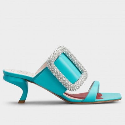 Roger Vivier Viv' Choc Side Strass Buckle Mules in Blue Leather TDSS13939