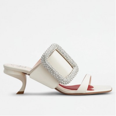 Roger Vivier Viv' Choc Side Strass Buckle Mules in White Leather TDSS13940