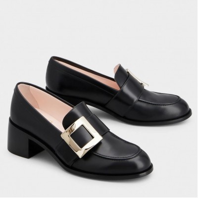 Roger Vivier Viv' Rangers Metal Buckle Loafers in Black Leather TDSS13942