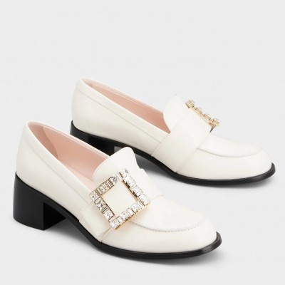 Roger Vivier Viv' Rangers Strass Buckle Loafers in White Patent Leather TDSS13945