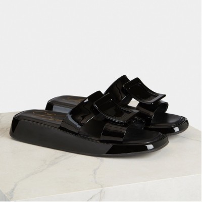 Roger Vivier Vivier Slide Covered Buckle Mules in Black Patent Leather TDSS13947