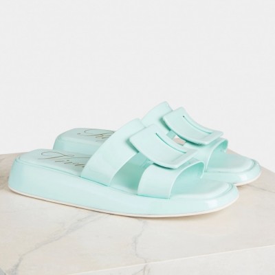 Roger Vivier Vivier Slide Covered Buckle Mules in Blue Patent Leather TDSS13948