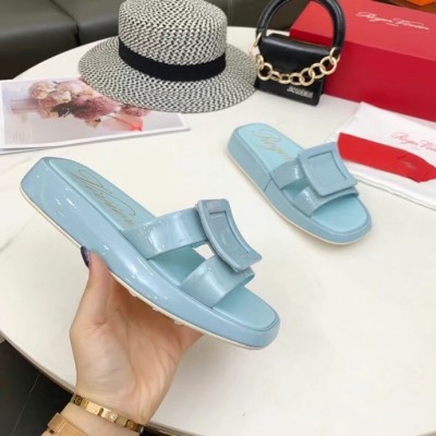 Roger Vivier Vivier Slide Covered Buckle Mules in Blue Patent Leather TDSS13948