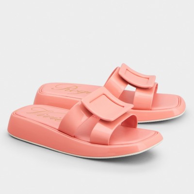 Roger Vivier Vivier Slide Covered Buckle Mules in Pink Patent Leather TDSS13949