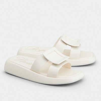 Roger Vivier Vivier Slide Covered Buckle Mules in White Patent Leather TDSS13950