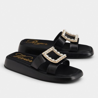 Roger Vivier Vivier Slide Strass Buckle Mules in Black Leather TDSS13951