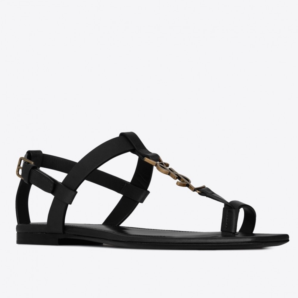 Saint Laurent Cassandra Flat Sandals In Black Calfskin TDSS13957