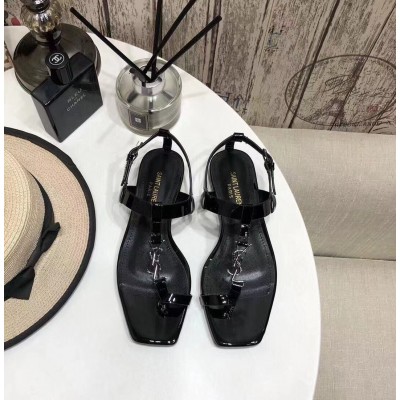 Saint Laurent Cassandra Flat Sandals In Black Patent Leather TDSS13958