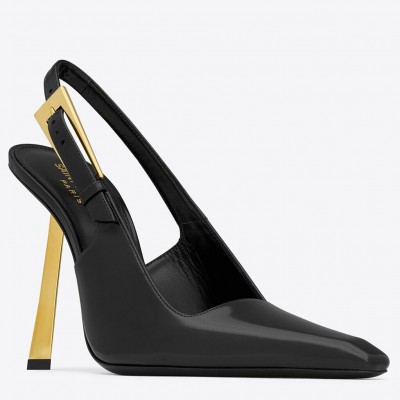 Saint Laurent Lee Slingback Pumps in Black Glazed Leather TDSS13963