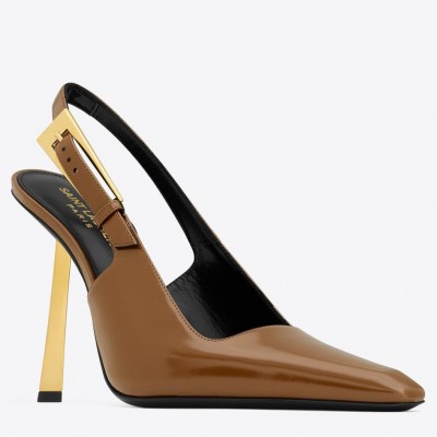 Saint Laurent Lee Slingback Pumps in Brown Glazed Leather TDSS13965