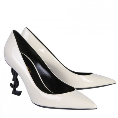 Saint Laurent Opyum 110 Pumps In White Patent Leather with Black Heel TDSS13993