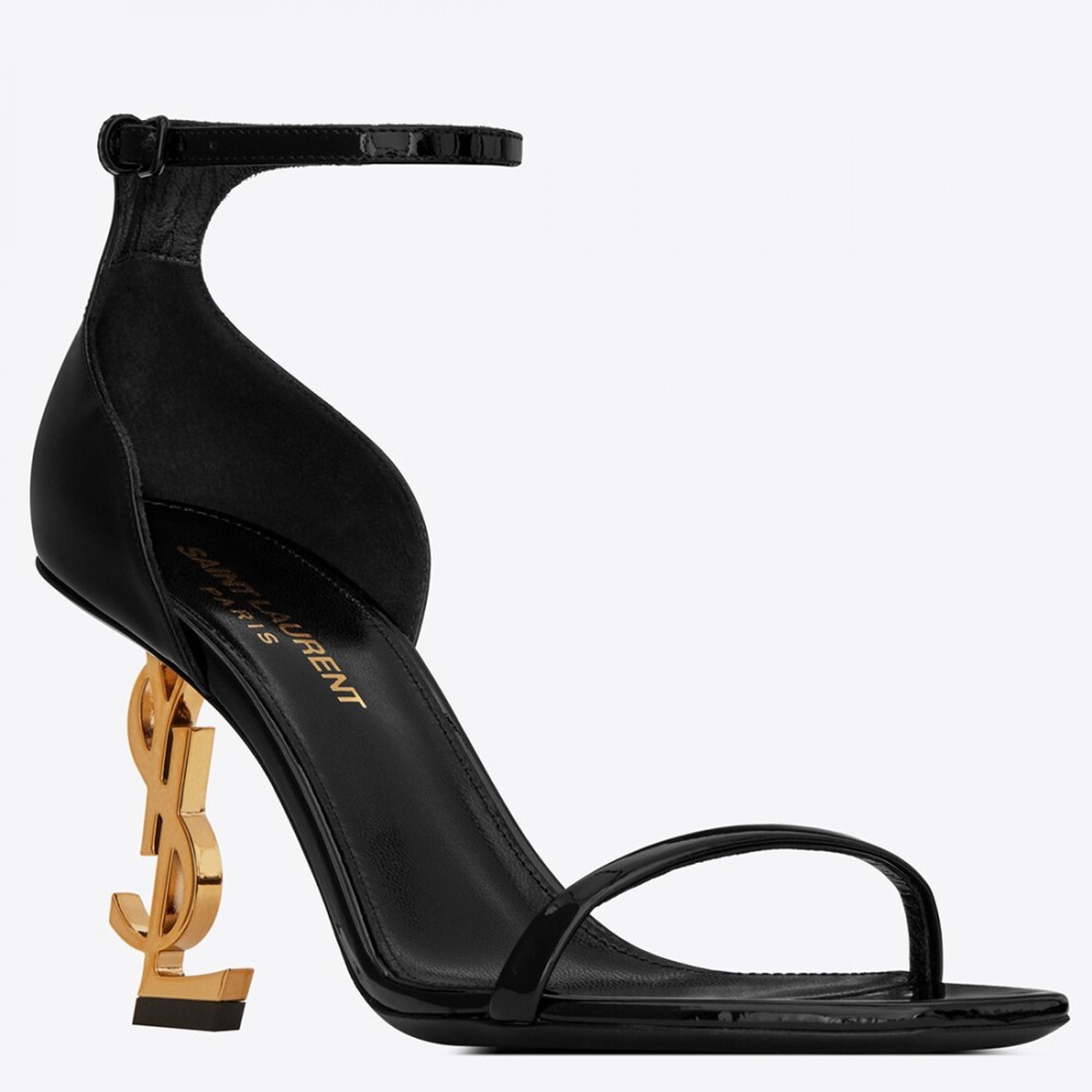 Saint Laurent Opyum 85mm Sandals in Black Patent Leather with Gold YSL Heel TDSS14000