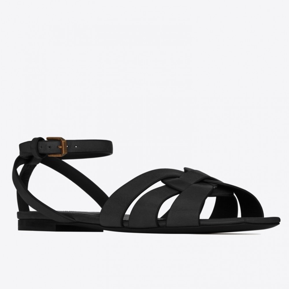 Saint Laurent Tribute Flat Sandals In Black Calfskin TDSS14007