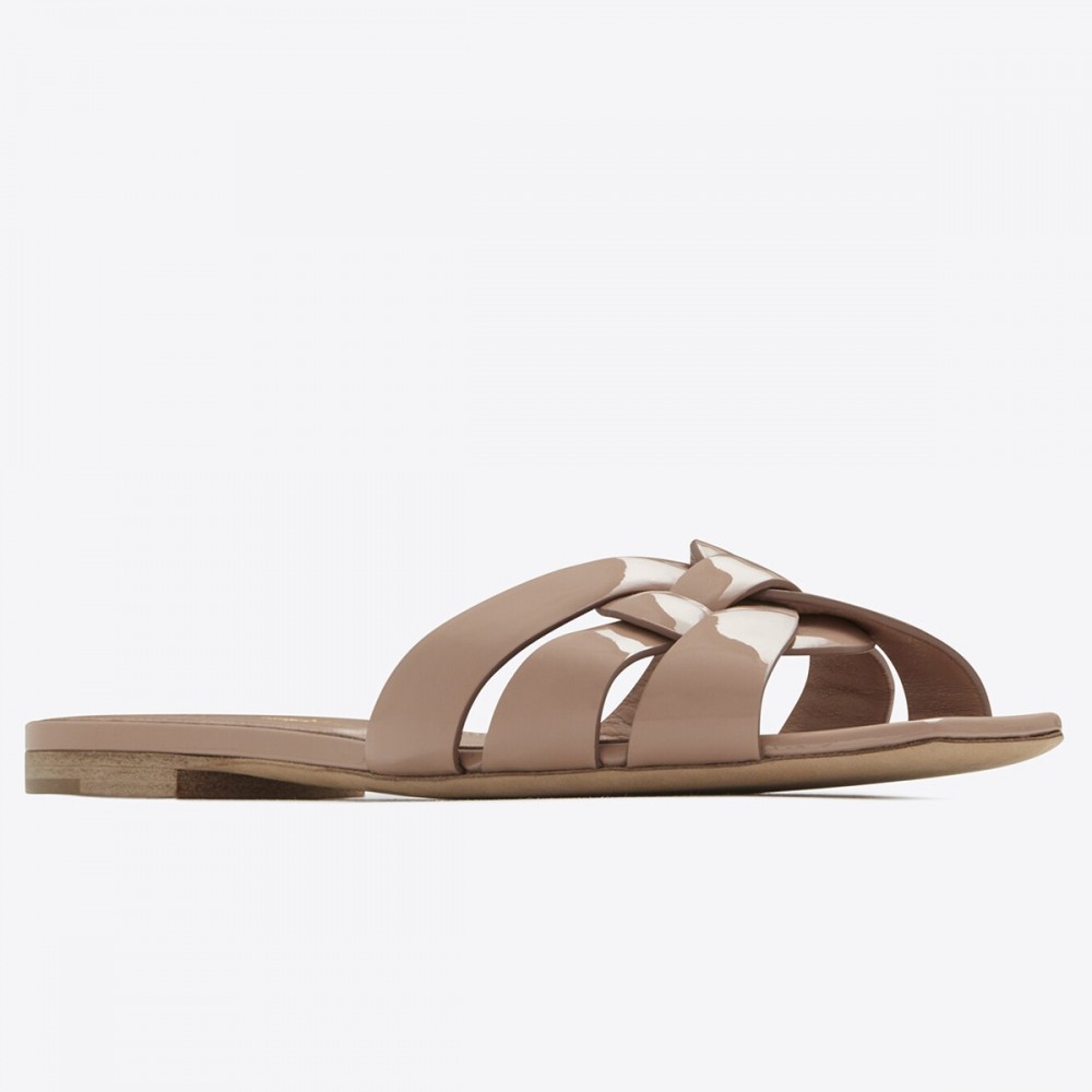 Saint Laurent Tribute Slides In Dark Beige Patent Leather TDSS14022