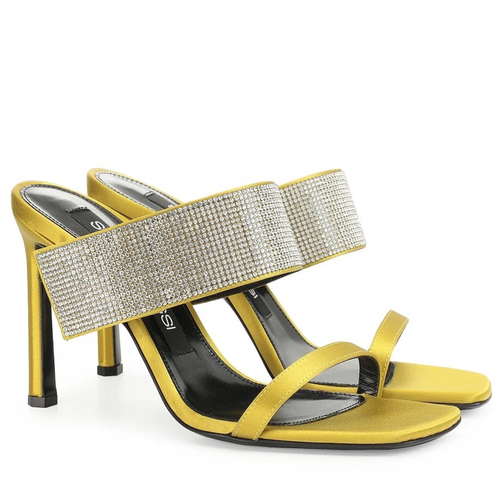 Sergio Rossi SR Paris Sandals 90MM in Yellow Satin with Rhinestones TDSS14033