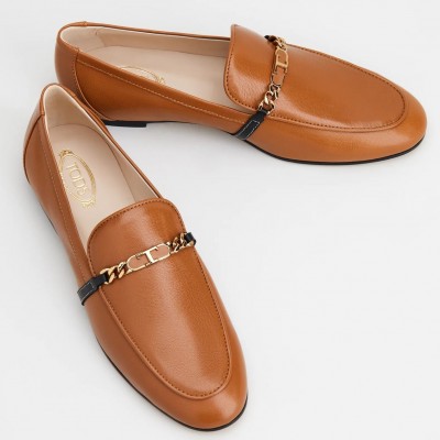 Tod's Brown Chain-embellished Leather Loafers TDSS14045