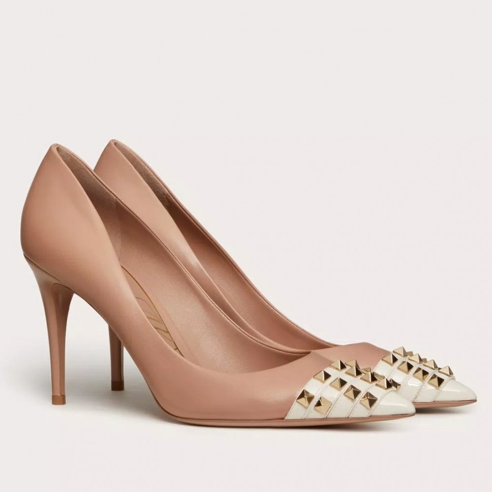 Valentino Beige Rockstud Pump 90mm with White Patent Toe Cap TDSS14067