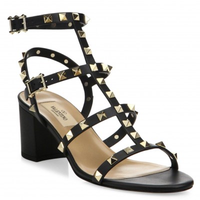 Valentino Black Rockstud Block Heel Cage Sandal TDSS14076