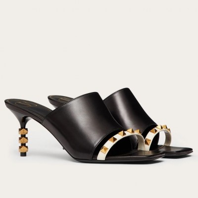 Valentino Black Rockstud Slide Sandals With Sculpted Heel TDSS14078