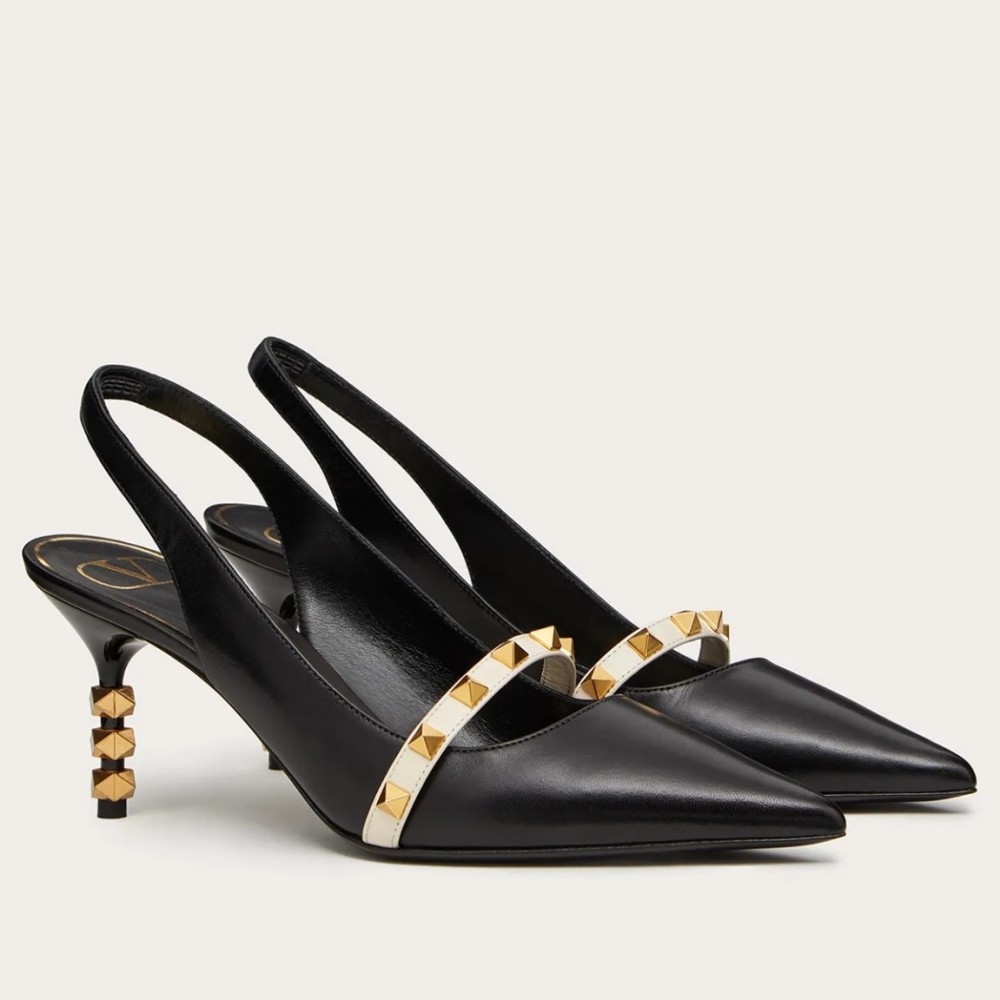 Valentino Black Rockstud Slingback Pumps With Sculpted Heel TDSS14079