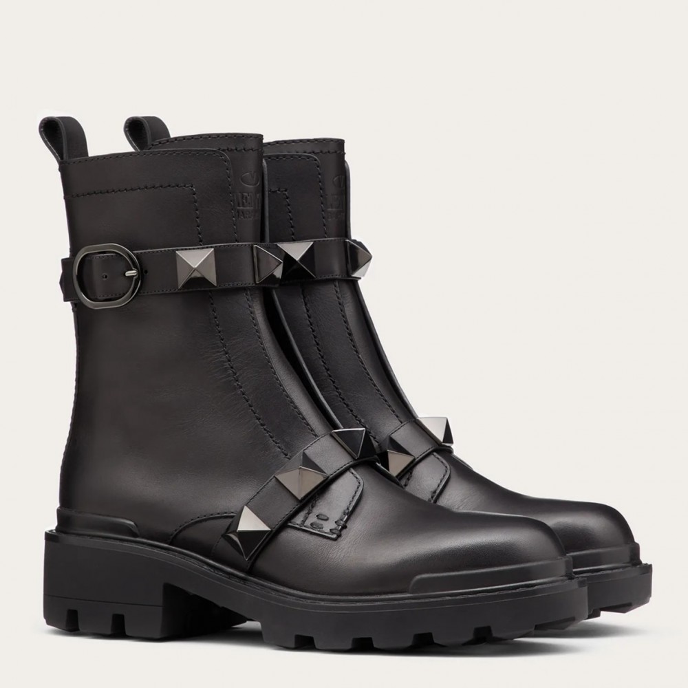 Valentino Black Roman Stud Combat Boots with Tonal Studs TDSS14081