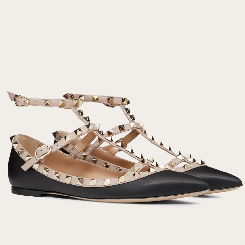 Valentino Cage Rockstud Ballet Flats In Black Calfskin TDSS14086