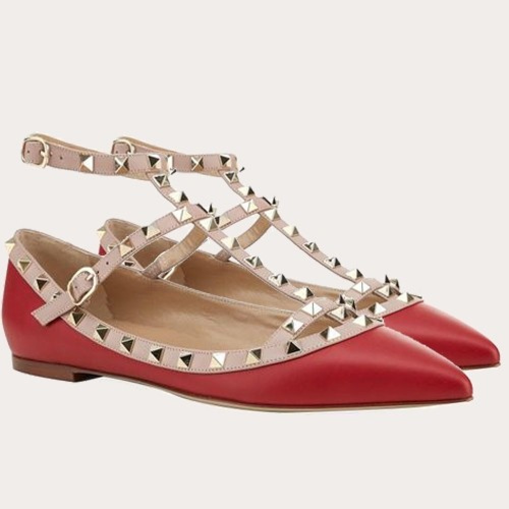 Valentino Cage Rockstud Ballet Flats In Red Calfskin TDSS14087