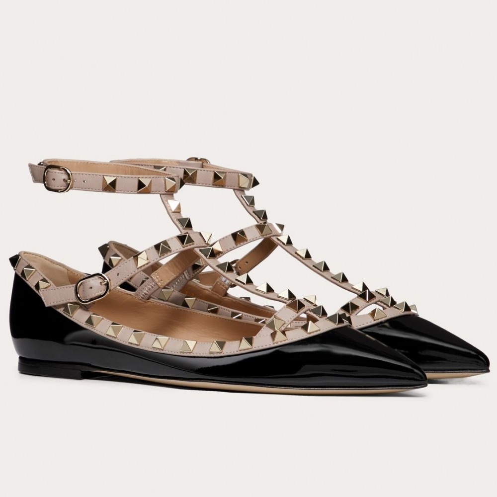 Valentino Caged Rockstud Ballet Flats In Black Patent Leather TDSS14088