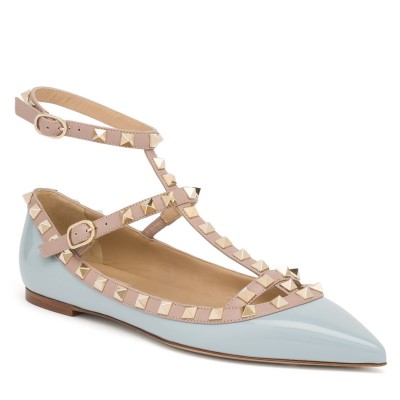 Valentino Caged Rockstud Ballet Flats In Light Blue Patent Leather TDSS14089