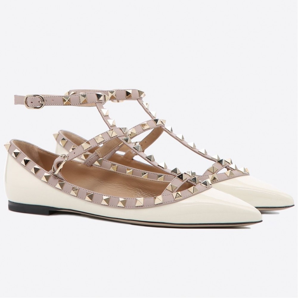 Valentino Caged Rockstud Ballet Flats In White Patent Leather TDSS14091